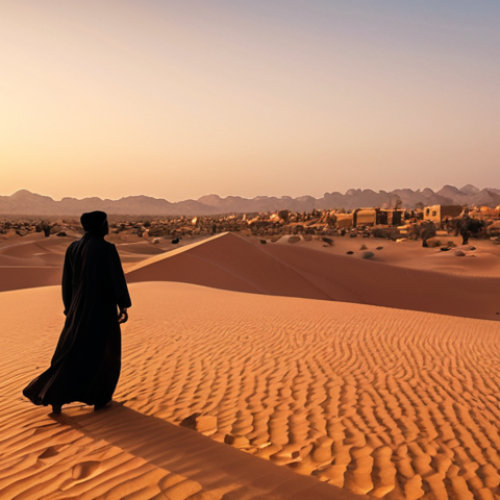 Home 22 **
A captivating Arabian desert landscape at sunset, with rolling dunes and a lone figure in traditional clothing gazing towards a distant, ancient city. Emphasize warm colors and a sense of mystery.
**