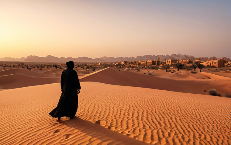 **

A captivating Arabian desert landscape at sunset, with rolling dunes and a lone figure in traditional clothing gazing towards a distant, ancient city. Emphasize warm colors and a sense of mystery.

**