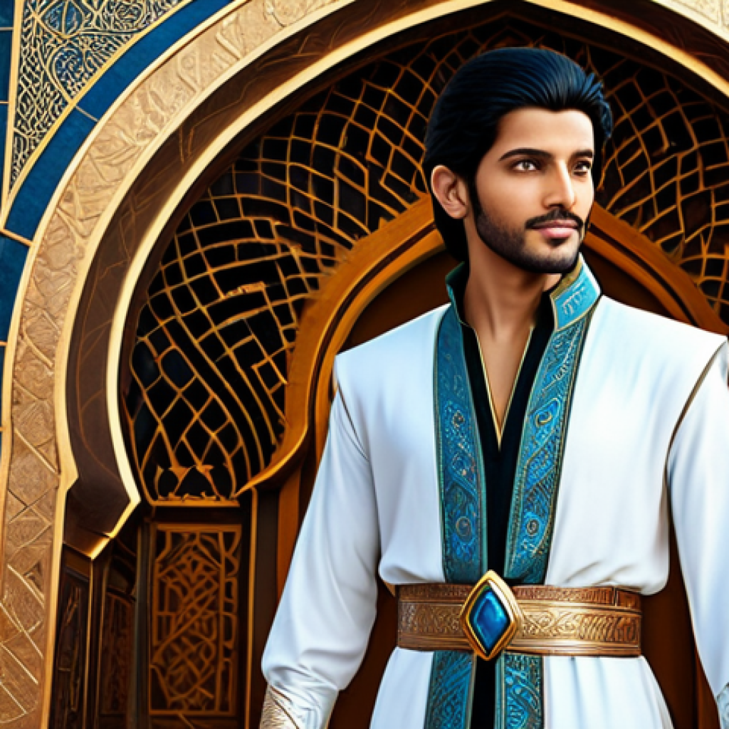 The Prince Returns (Nostalgia and Modernity)**

A fully clothed, modest prince character, inspired by classic Arabian tales, standing before a shimmering portal. The background shows a blend of ancient Arabian architecture and futuristic cityscapes. He is wearing ornate, but appropriate attire. Light effects highlight the transition between past and future. Perfect anatomy, correct proportions, natural pose, well-formed hands, proper finger count, natural body proportions. Safe for work, appropriate content, family-friendly, professional digital art.

**