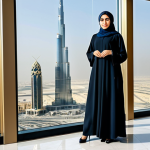 **

"A professional Arab businesswoman in a modest, tailored abaya and hijab, standing confidently in a modern Dubai office overlooking the Burj Khalifa, fully clothed, appropriate attire, safe for work, perfect anatomy, natural proportions, professional corporate photography, high quality, family-friendly."

**