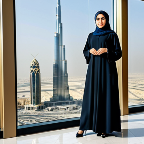 Home 11 **
"A professional Arab businesswoman in a modest, tailored abaya and hijab, standing confidently in a modern Dubai office overlooking the Burj Khalifa, fully clothed, appropriate attire, safe for work, perfect anatomy, natural proportions, professional corporate photography, high quality, family-friendly."
**