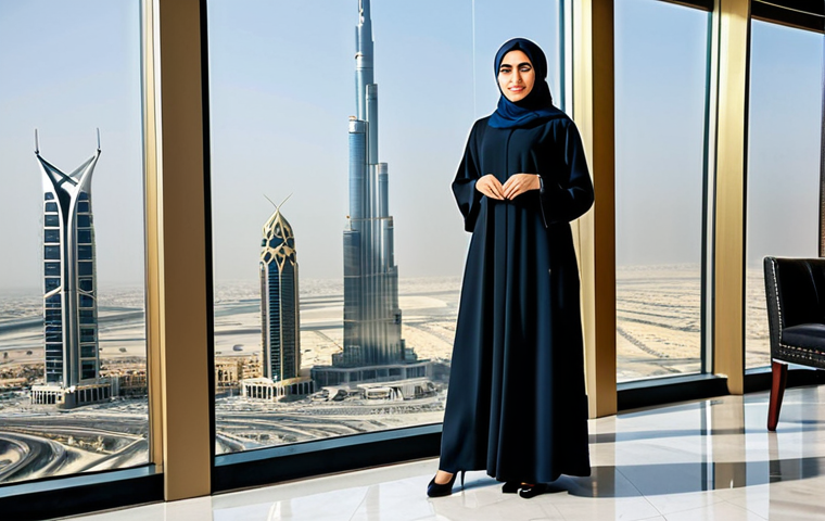 **
"A professional Arab businesswoman in a modest, tailored abaya and hijab, standing confidently in a modern Dubai office overlooking the Burj Khalifa, fully clothed, appropriate attire, safe for work, perfect anatomy, natural proportions, professional corporate photography, high quality, family-friendly."
**